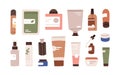 Cosmetic packages, tubes, jars, bottles set. Beauty product containers. Bathroom packs with cream, lotion, spray, serum