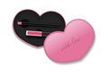 Cosmetic packaging with liquid lipstick and pencil. Vector isolated template of makeup heart shaped box with inscription