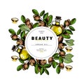 Cosmetic packaging template. Argan nut oil beauty product. Vector hand drawn illustration. Organic vegetarian food