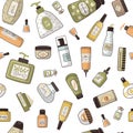 Cosmetic pattern. skin care cosmetic cream and bottles stylized illustrations for seamless background Royalty Free Stock Photo