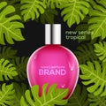 Cosmetic perfume tropic bottle design template. Summer beauty advertising female spray container perfume Royalty Free Stock Photo