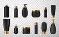 Cosmetic  perfumes packaging black luxury design realistic set. Bottles  tubes  flacons mockups Royalty Free Stock Photo