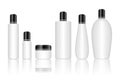 Cosmetic plastic bottle set isolated on white background. Skin care bottles for gel, liquid, lotion, cream, sunscreen.