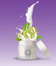 Cosmetic plastic jar with kiwi cream splashing. white b