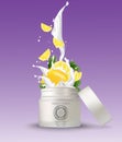 Cosmetic plastic jar with lemon cream splashing. white