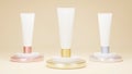 Cosmetic plastic tube on clear background of podium.