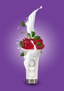 Cosmetic plastic tube jar with pomegranate cream splashing. white background mockup template. 3d cosmetic container for