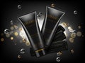 Cosmetic plastic tubes with pieces black charcoal on dark background. Charcoal detox cream or face mask.
