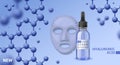 Cosmetic poster. Realistic skincare beauty smoothing product. Mask and serum glass bottle with hyaluronic acid