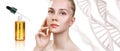Cosmetic primer oil applying on woman face over dna background.