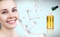 Cosmetic primer oil near woman face with big molecule chain.