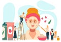 Cosmetic product concept, tiny people applying facial mask on giant woman face, vector illustration