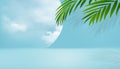 Cosmetic product display podium with Clouds,Blue sky with Coconut Palm leaves onBlue wall Background.Vector Empty Studio Room with Royalty Free Stock Photo