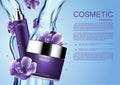 Cosmetic product with falling purple flowers and pouring water ,