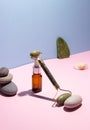 Cosmetic product in a glass bottle with a pipette and gua sha e scraper and roller. Smooth stones nearby. The concept of skin care