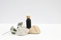 Cosmetic product mockup, white background. Black glass pipette bottle for essential oil, lotion template. Stones, dry