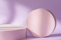 Cosmetic product presentation with shadows and light from windows. Lilac backdrop with pink round podium, display Royalty Free Stock Photo