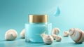 Cosmetic product with snail mucin in a glass jar, asian cosmetics, pastel blue background. Spa and relaxation concept