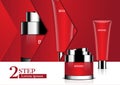 Cosmetic product on white floor and red background with arrow icons