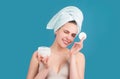 Cosmetic products. Beauty funny woman with clean healthy natural skin. Portrait of attractive young girl with a bath Royalty Free Stock Photo