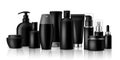 Cosmetic products. Black blank containers and jar for luxury spray or cream isolated vector packaging mockup set