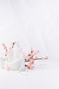 Cosmetic products for makeup, cleansing skin in white bottles, branch of spring pink sakura flowers, toiletry, bathroom interior