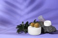 Cosmetic products and olives on lilac background, space for text Royalty Free Stock Photo