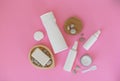 Cosmetic products for personal care on a pink background. Royalty Free Stock Photo