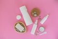 Cosmetic products for personal care on a pink background. Royalty Free Stock Photo