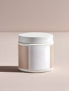 White cosmetic jar on a pastel background. Empty label