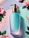 Cosmetic bottle on colorful background with flowers