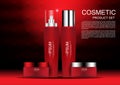 Cosmetic products on red and black background vector cosmetic ad