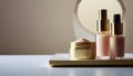 Cosmetic products on shelf against blurred background, closeup view with copy space