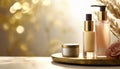 Cosmetic products on shelf against blurred background, closeup view with copy space