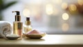 Cosmetic products on shelf against blurred background, closeup view with copy space