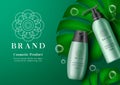 Cosmetic products vector banner template. Cosmetics product with bottles, leaves and water drops elements in green background. Royalty Free Stock Photo