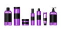 Cosmetic products violet plastic set of bottle