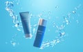 Cosmetic products in water splash. Realistic 3d illustration of packaging mockup design. Natural moisturizing cosmetics Royalty Free Stock Photo