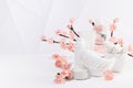 Cosmetic products in white bottles, cream, branch of pink sakura flowers, toiletry for makeup and skin care in white interior