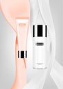 Cosmetic products with white and light pink pouring liquid