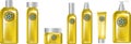 Cosmetic products yellow plastic ,mock up,yellow and graphic flower logo Royalty Free Stock Photo