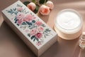 cosmetic cream with rose flower on the table. Skin care concept