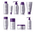 Cosmetic realistic bottles vector set. Cosmetics package collection of mock up plastic container with purple cap isolated.