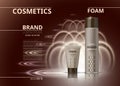 Cosmetic realistic package ads template. Body foam and gel products bottles. Mockup 3D illustration. Sparkling