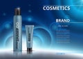 Cosmetic realistic package ads template. Hydrating cream and shampoo products in blue bottles. Mockup 3D illustration