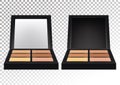 Cosmetic realistic plastic black compact pallet with means for face correction, concealers. Cosmetic beauty make up