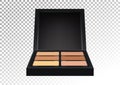 Cosmetic realistic plastic black compact pallet with means for face correction, concealers. Cosmetic beauty make up