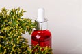 Cosmetic red bottle with plant on light background close-up