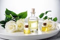 Cosmetic rose oil in bottles