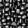 Cosmetic seamless pattern, accessories background. White products on black .